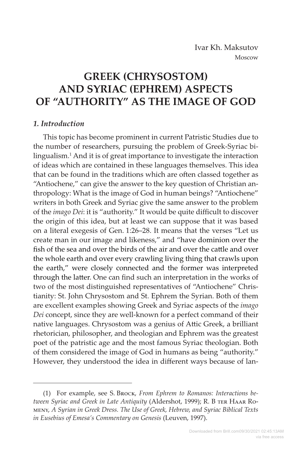 (Chrysostom) and Syriac (Ephrem) Aspects of “Authority” As the Image of God