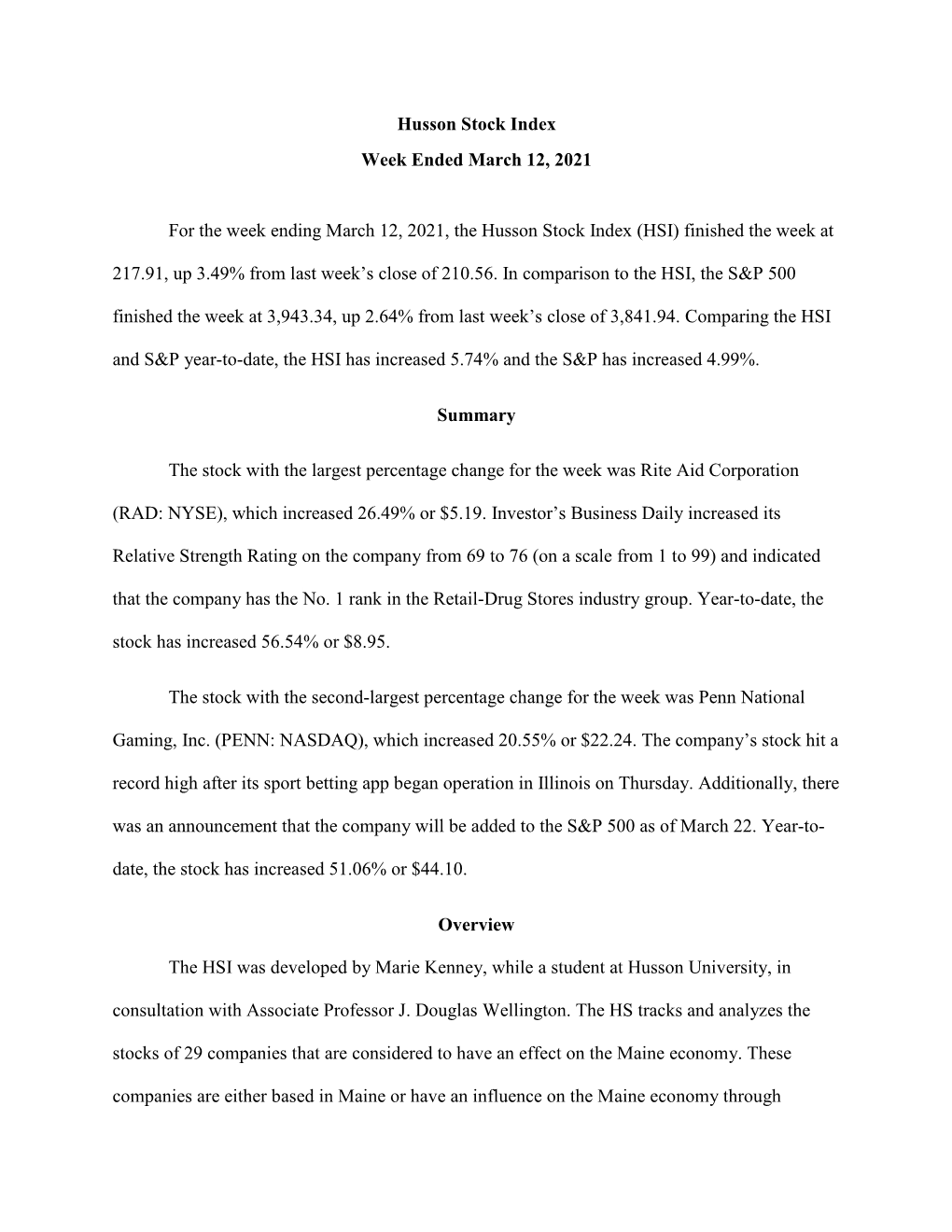 Husson Stock Index Week Ended March 12, 2021 for the Week