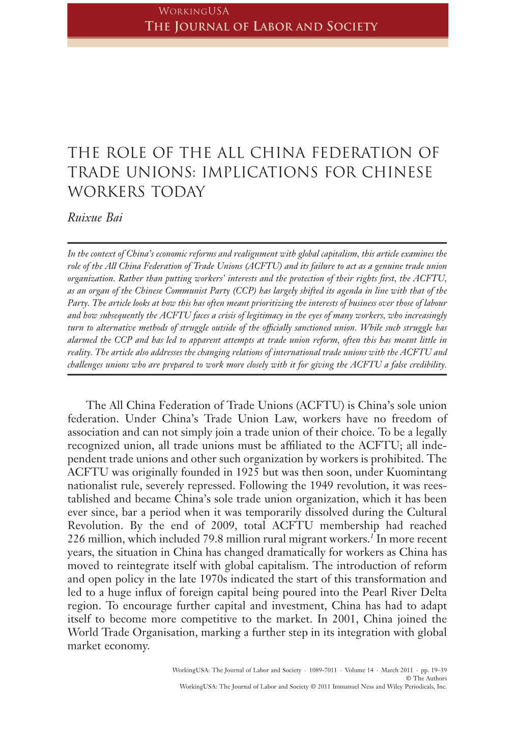 THE ROLE of the ALL CHINA FEDERATION of TRADE UNIONS: IMPLICATIONS for CHINESE WORKERS TODAY Wusa 318 19..40
