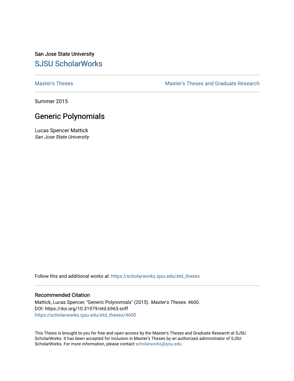 Generic Polynomials