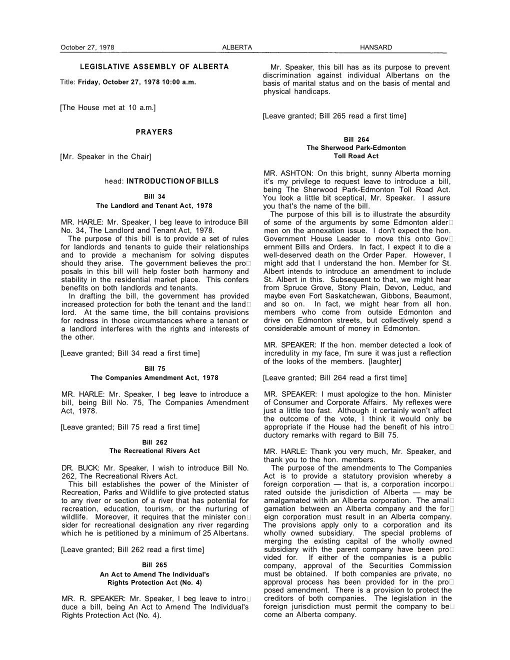 LEGISLATIVE ASSEMBLY of ALBERTA [The House Met at 10