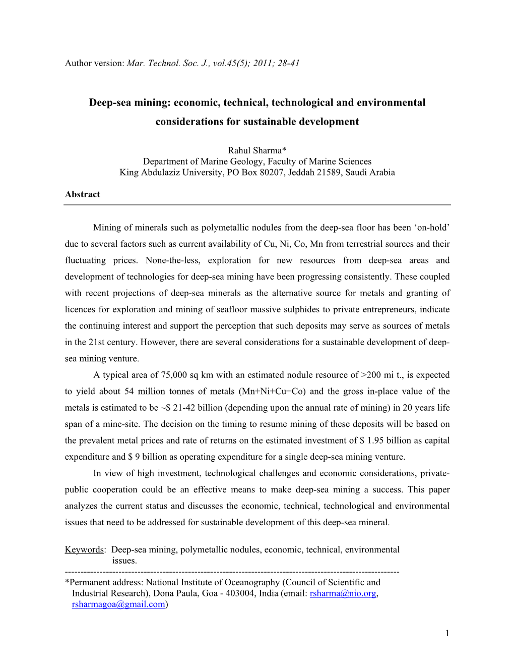 Deep-Sea Mining: Economic, Technical, Technological and Environmental Considerations for Sustainable Development