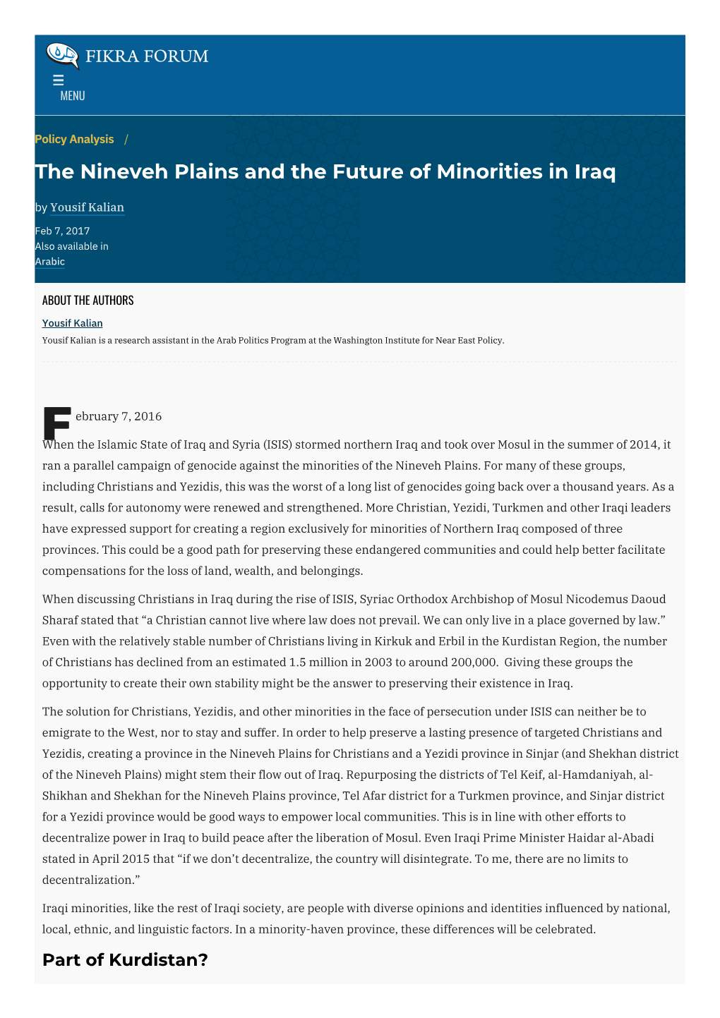 The Nineveh Plains and the Future of Minorities in Iraq by Yousif Kalian