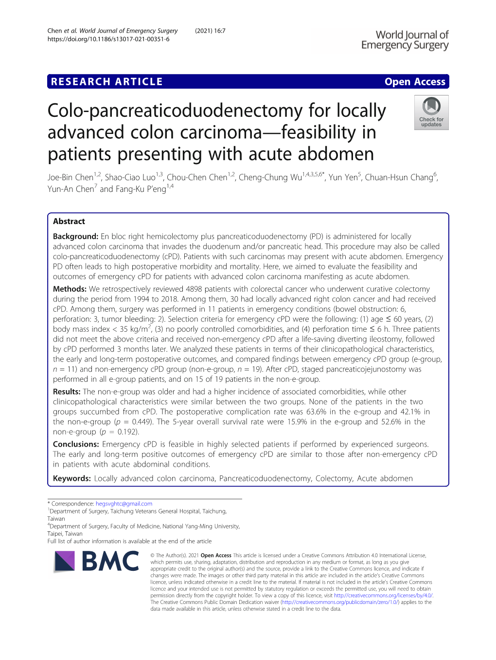 Colo-Pancreaticoduodenectomy for Locally Advanced Colon Carcinoma—Feasibility in Patients Presenting with Acute Abdomen