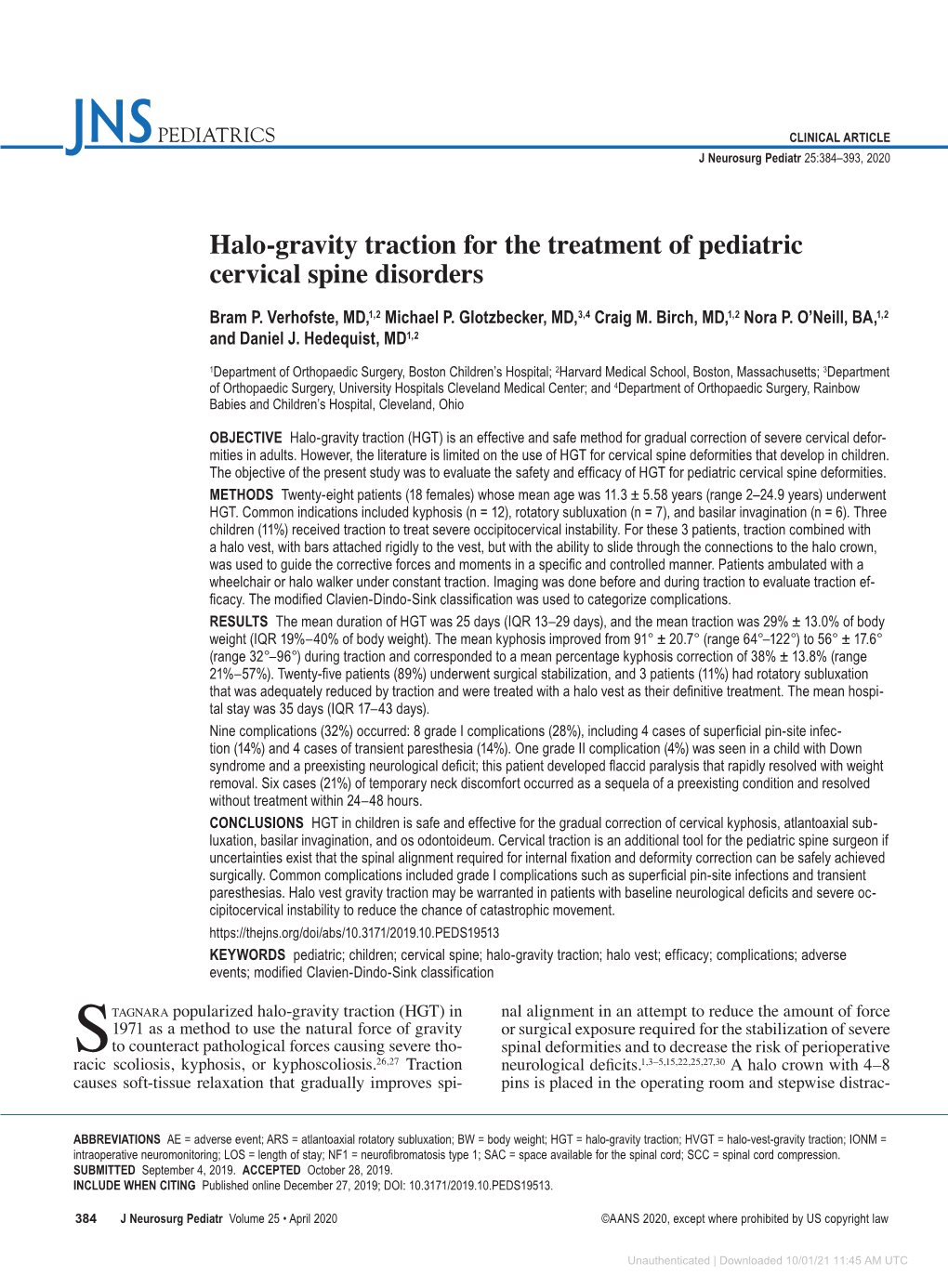 Halo-Gravity Traction for the Treatment of Pediatric Cervical Spine Disorders Bram P