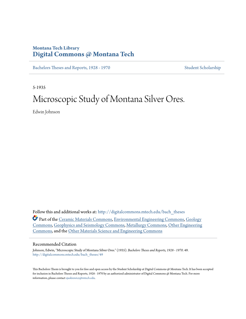 Microscopic Study of Montana Silver Ores. Edwin Johnson