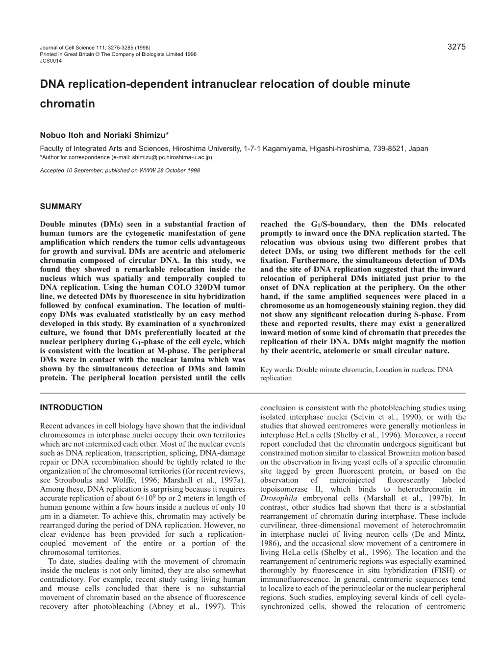 DNA Replication-Dependent Intranuclear Relocation of Double Minute Chromatin