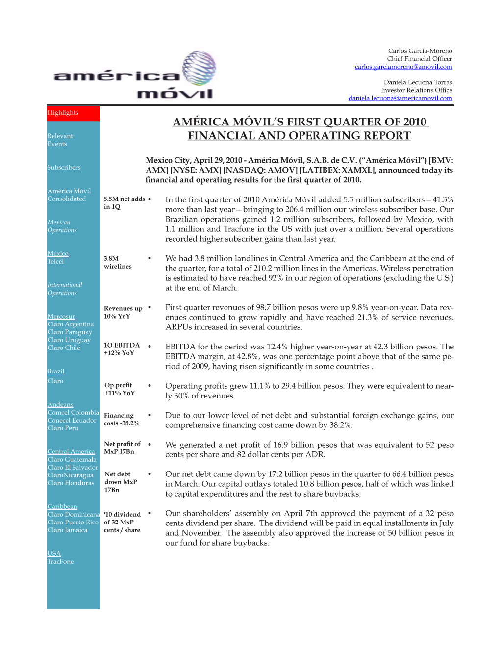 América Móvil's First Quarter of 2010 Financial And