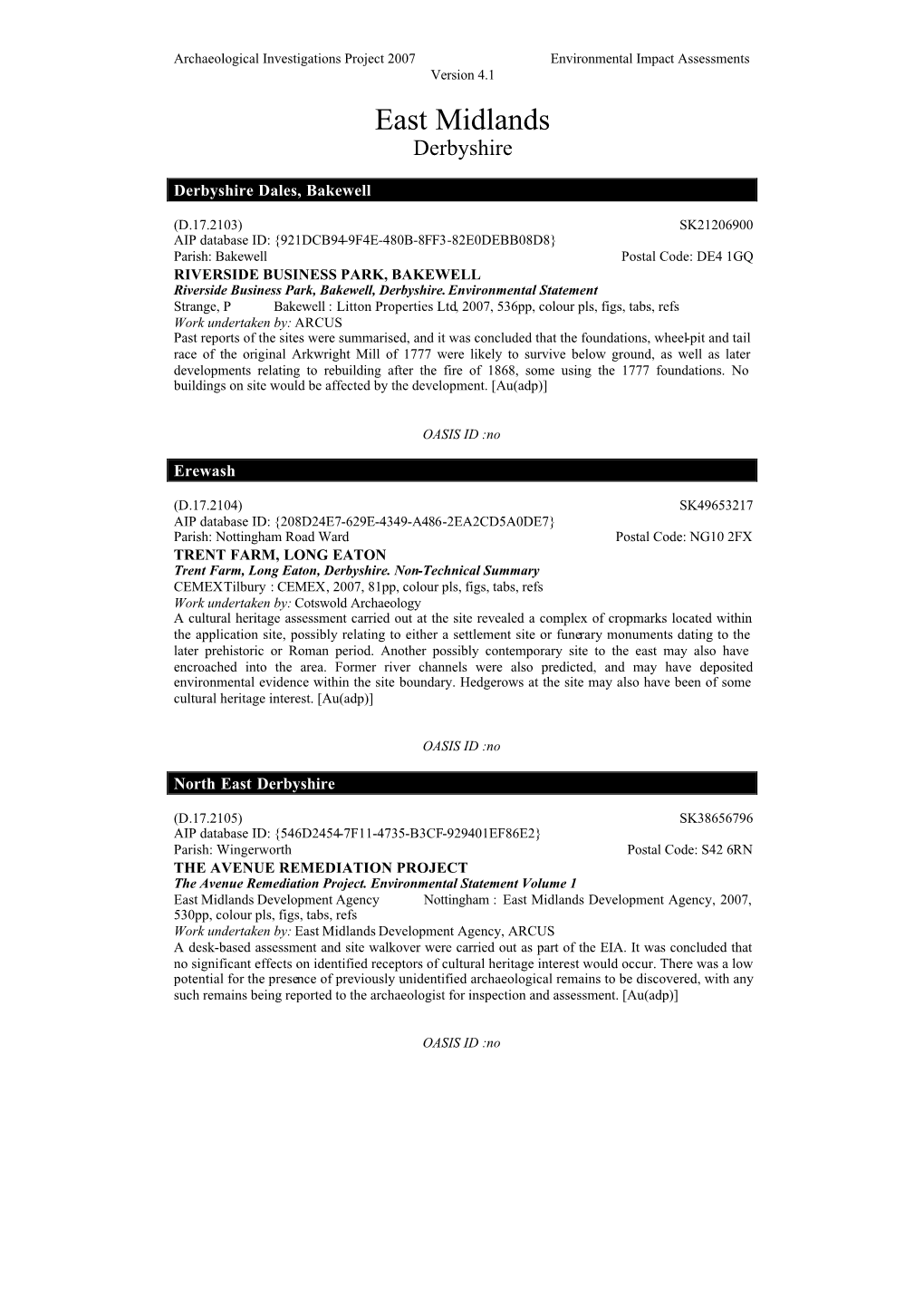 Environmental Impact Assessments Version 4.1 East Midlands Derbyshire