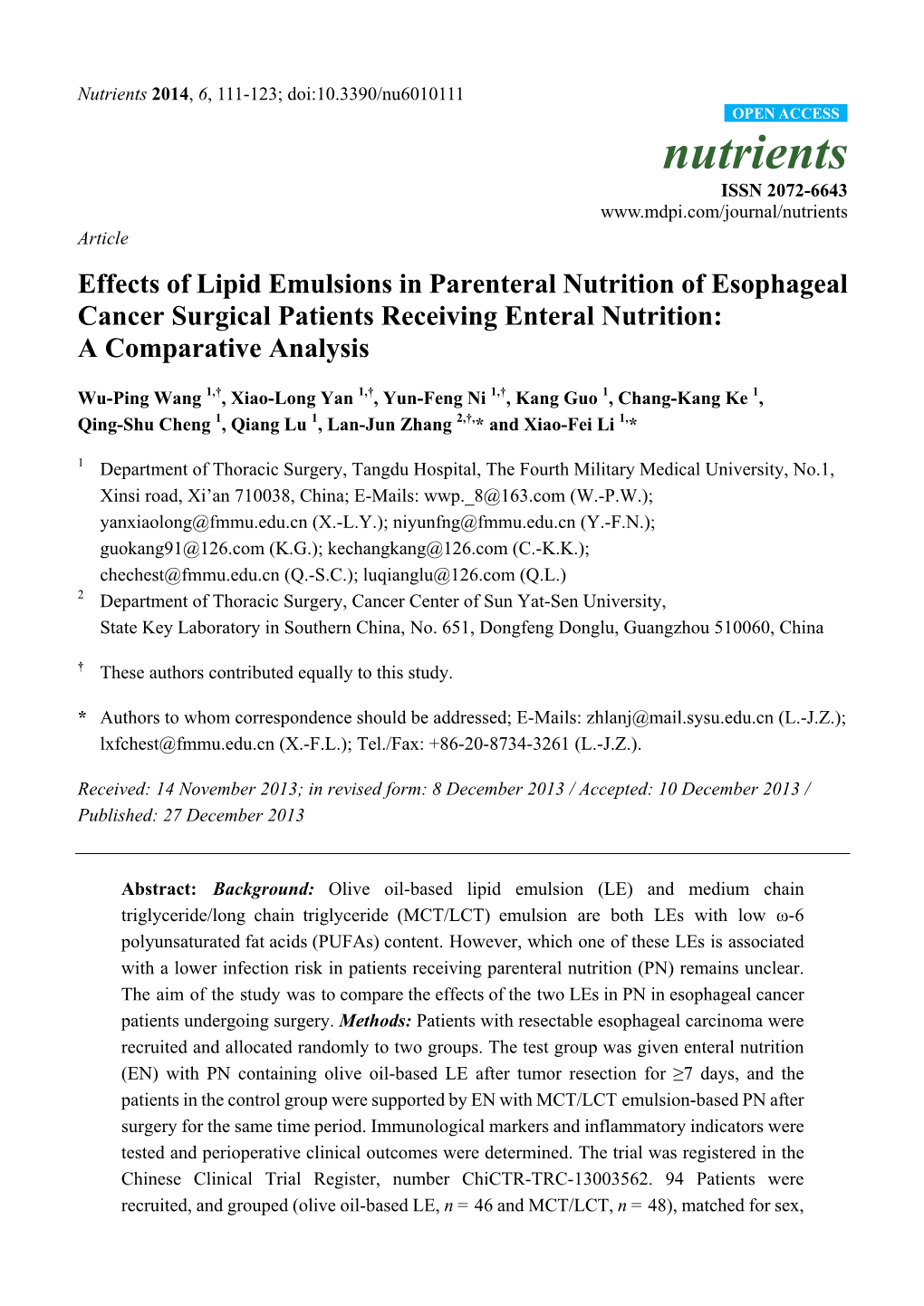 Effects of Lipid Emulsions in Parenteral Nutrition of Esophageal Cancer Surgical Patients Receiving Enteral Nutrition: a Comparative Analysis