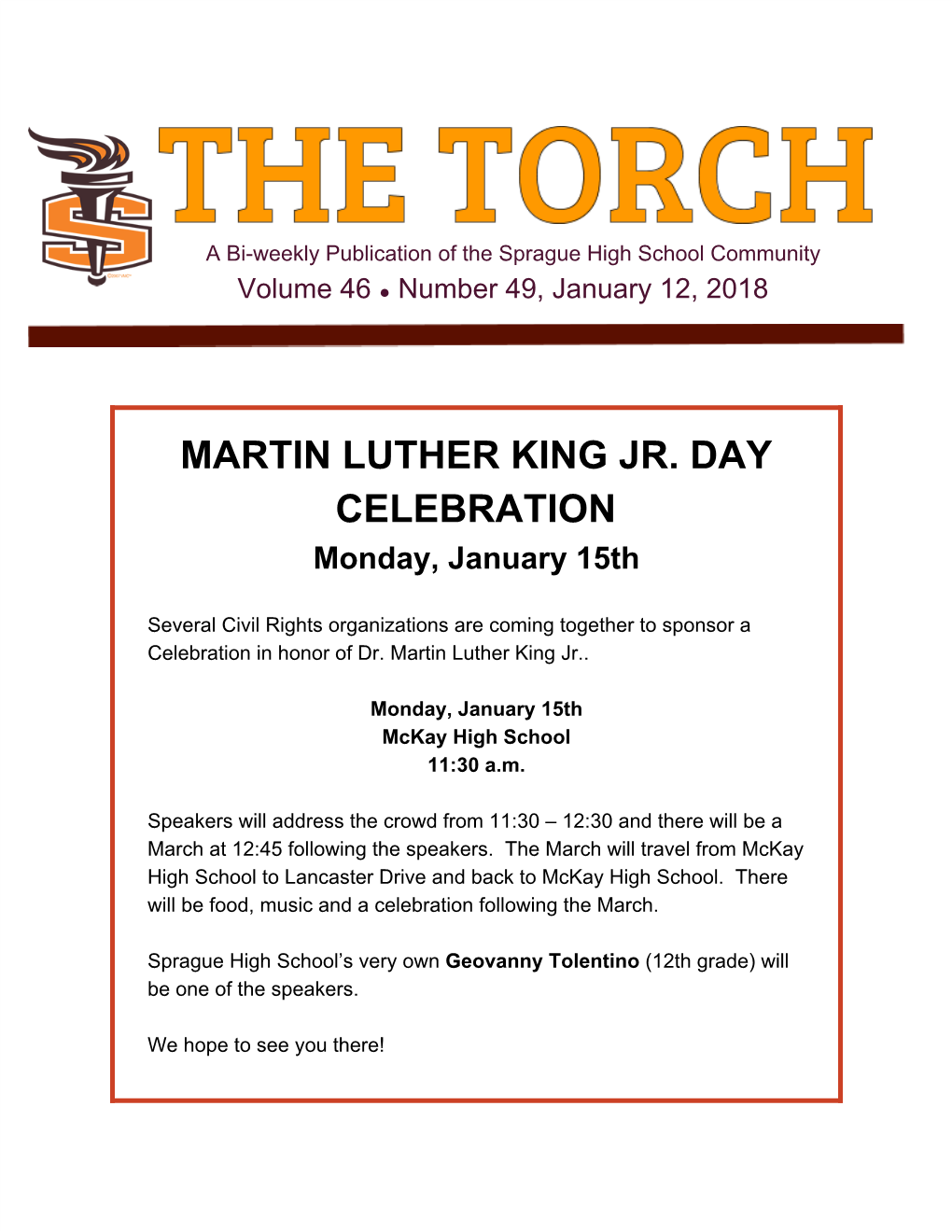 MARTIN LUTHER KING JR. DAY CELEBRATION Monday, January 15Th