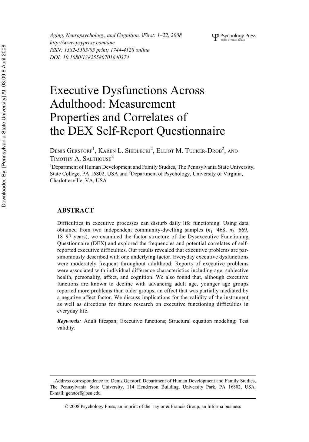 Measurement Properties and Correlates of the DEX Self-Report