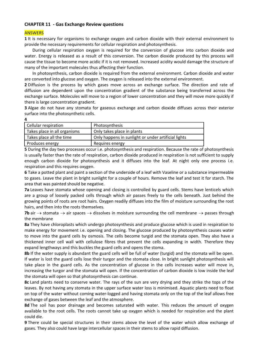 CHAPTER 11 - Gas Exchange Review Questions