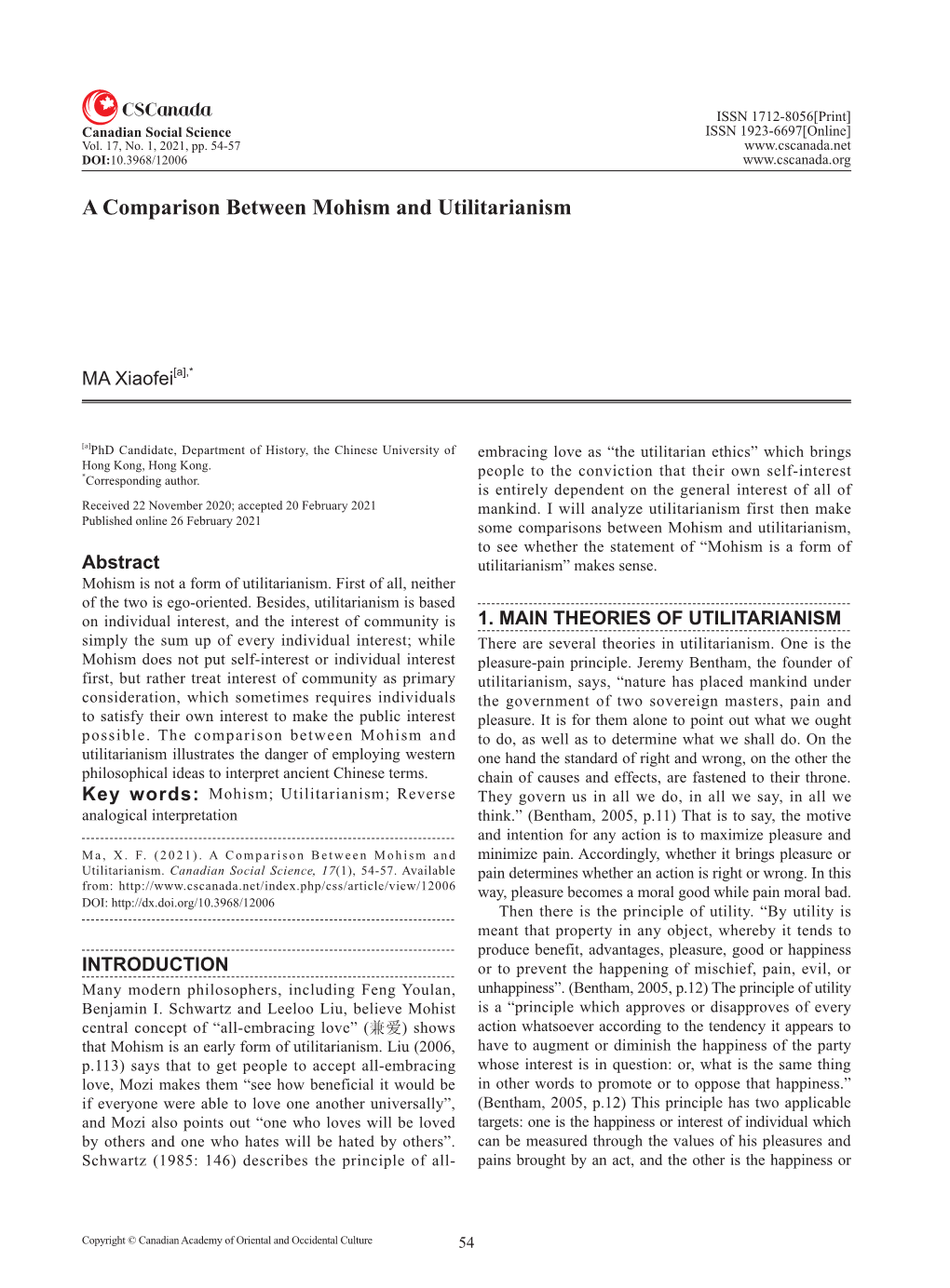 A Comparison Between Mohism and Utilitarianism