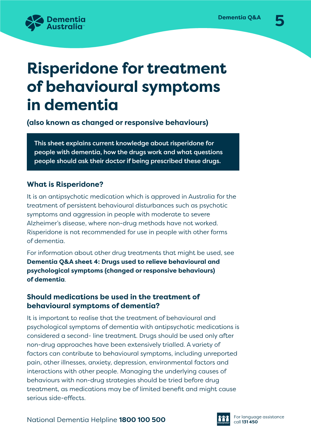 Risperidone for Treatment of Behavioural Symptoms in Dementia (Also Known As Changed Or Responsive Behaviours)