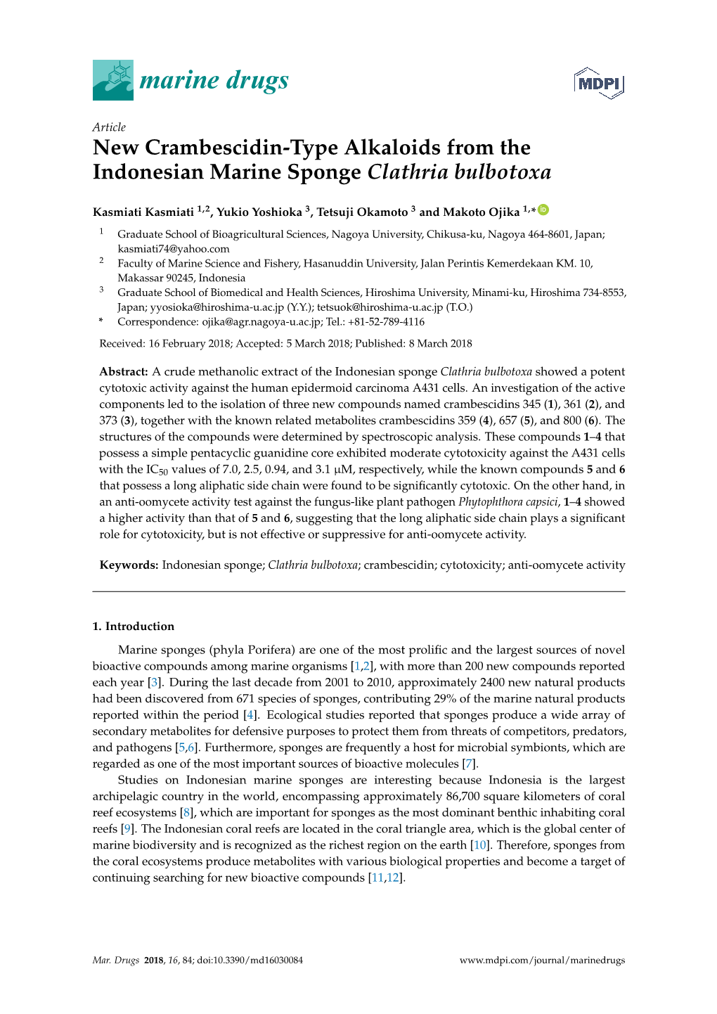 New Crambescidin-Type Alkaloids from the Indonesian Marine Sponge Clathria Bulbotoxa