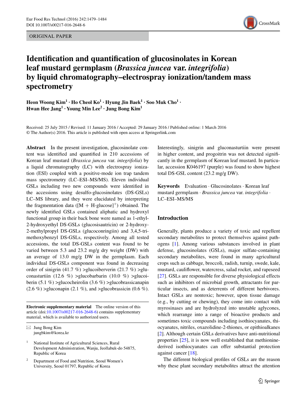 Identification and Quantification of Glucosinolates in Korean Leaf Mustard Germplasm (Brassica Juncea Var