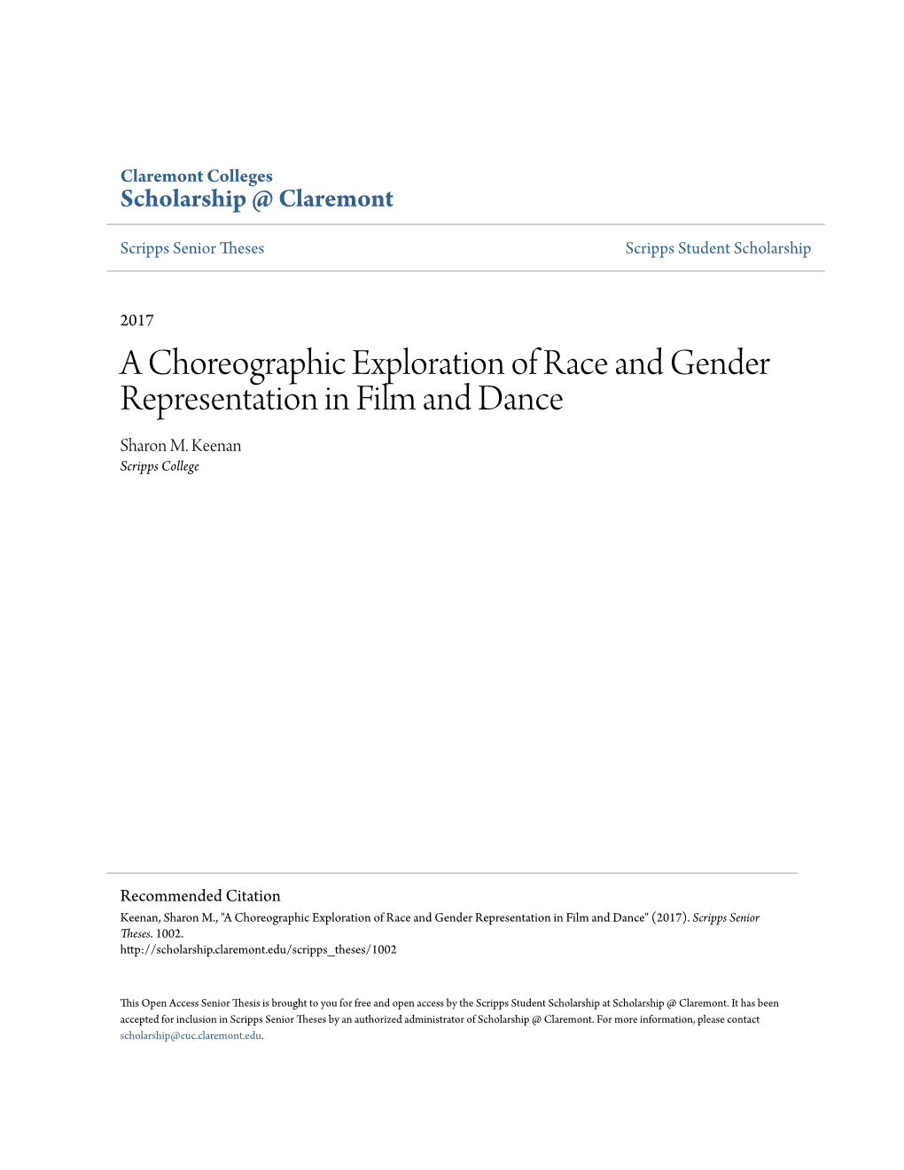 A Choreographic Exploration of Race and Gender Representation in Film and Dance Sharon M