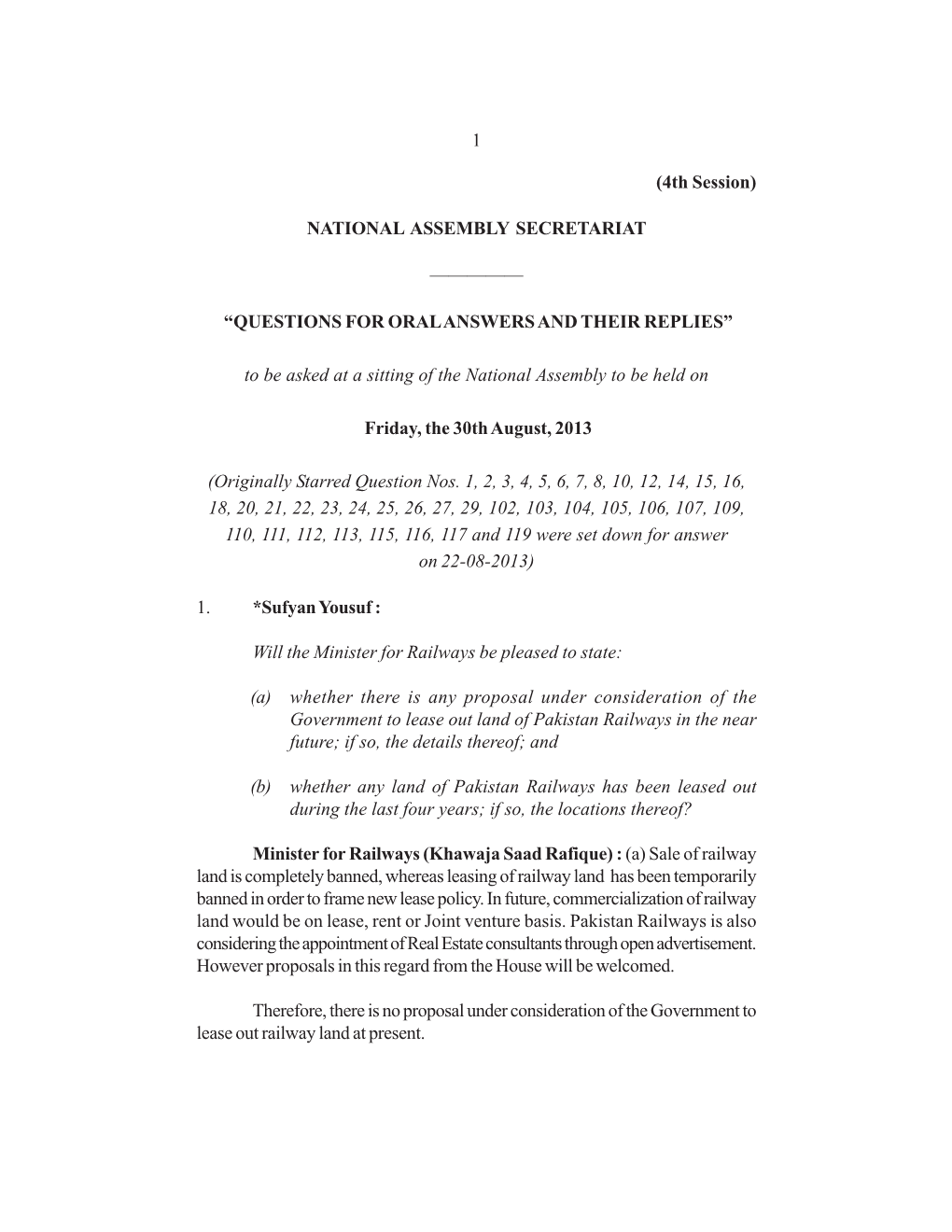 1 (4Th Session) NATIONAL ASSEMBLY SECRETARIAT ————— “QUESTIONS for ORAL ANSWERS and THEIR REPLIES” to Be Asked A