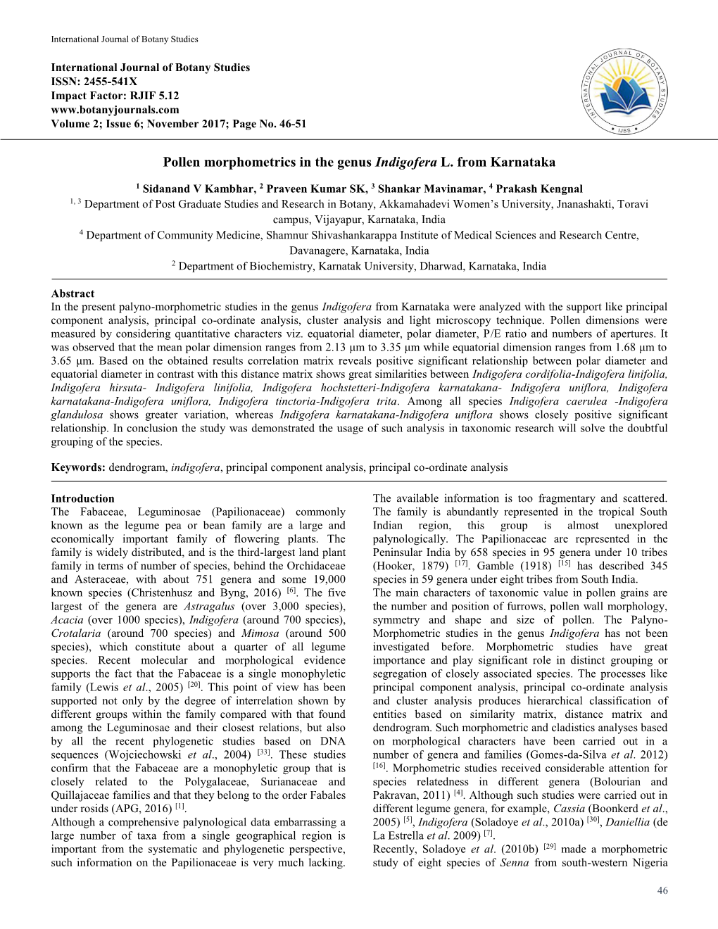 Pollen Morphometrics in the Genus Indigofera L. from Karnataka