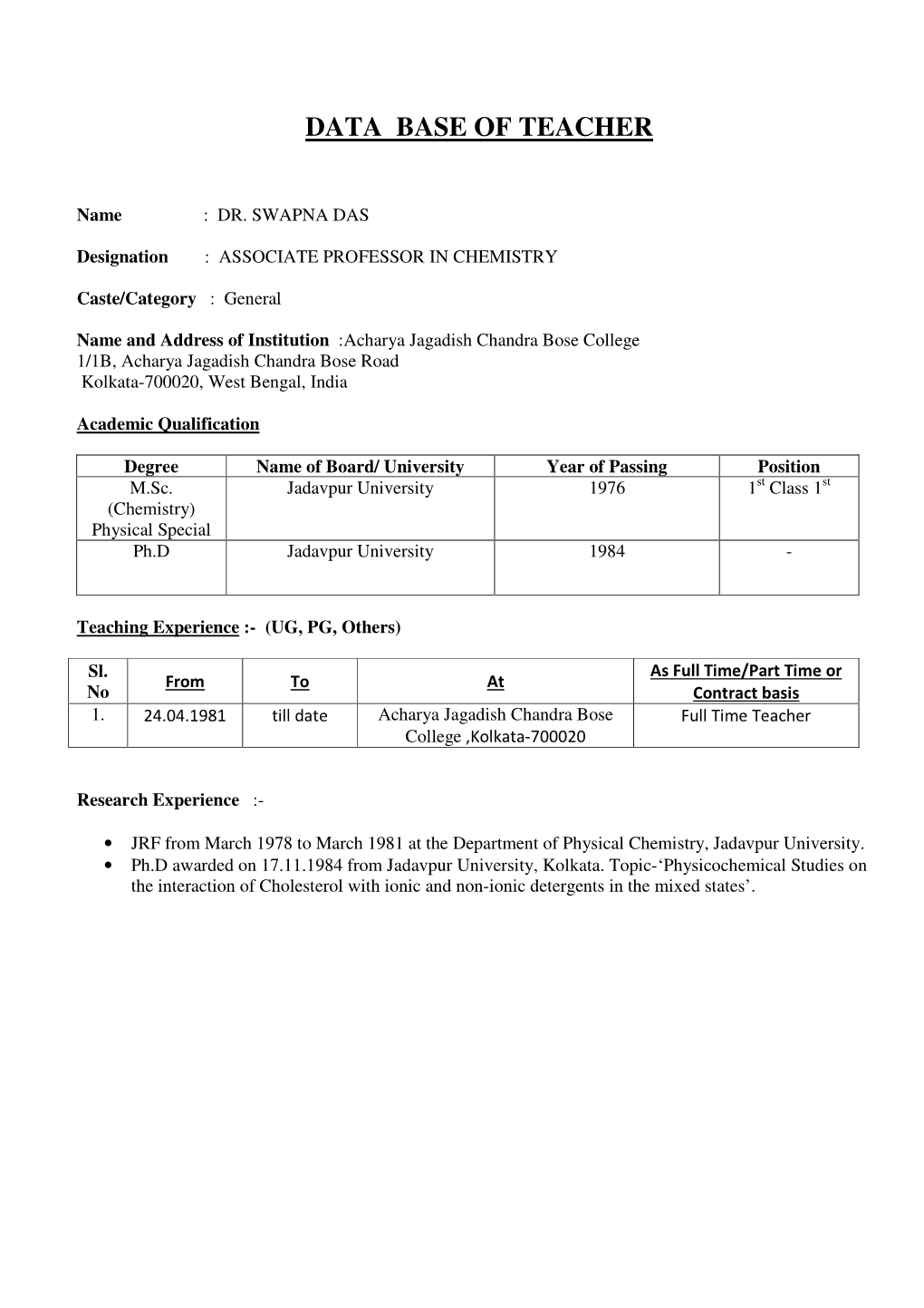 Data Base of Teacher