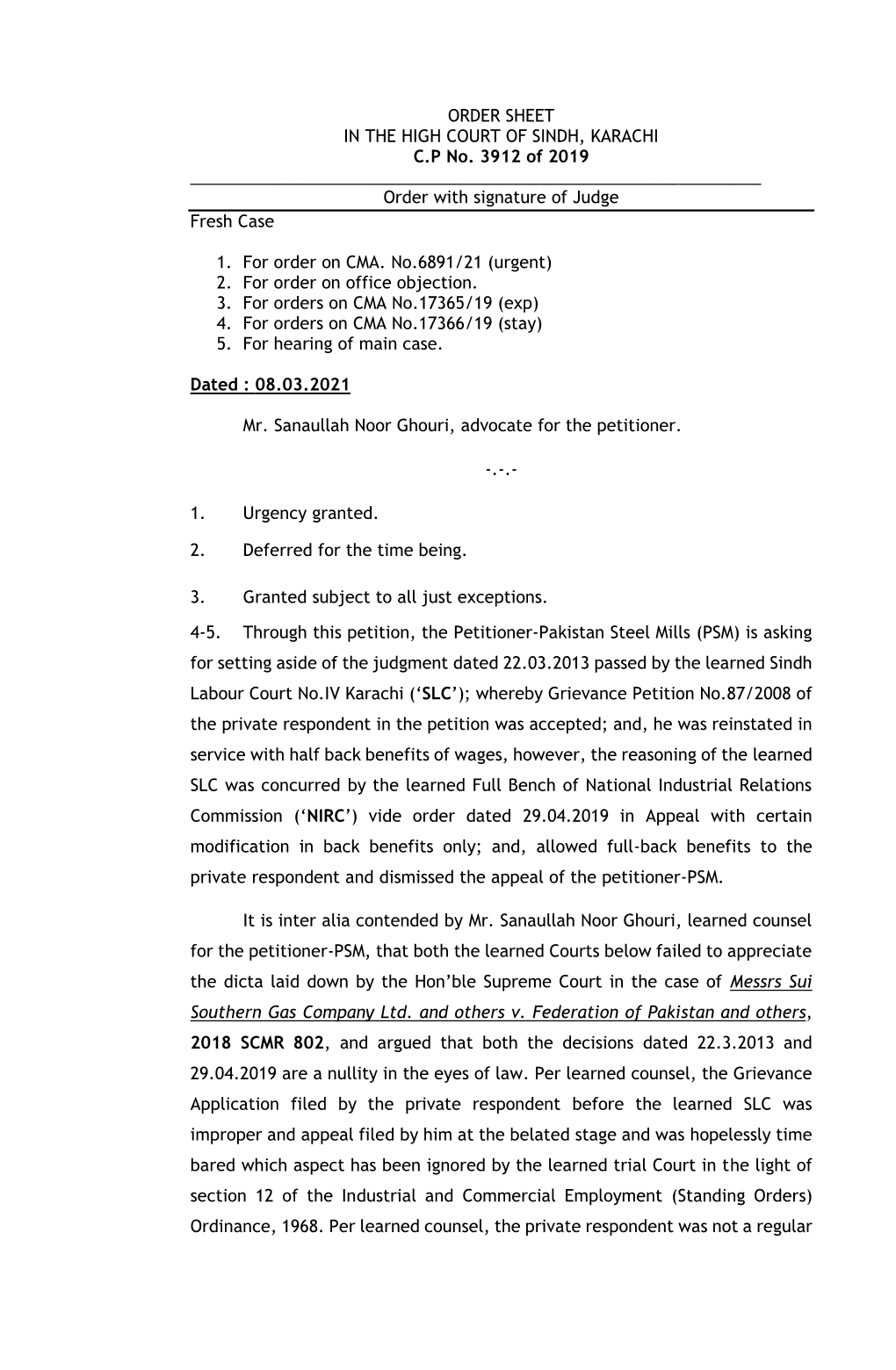 ORDER SHEET in the HIGH COURT of SINDH, KARACHI CP No. 3912