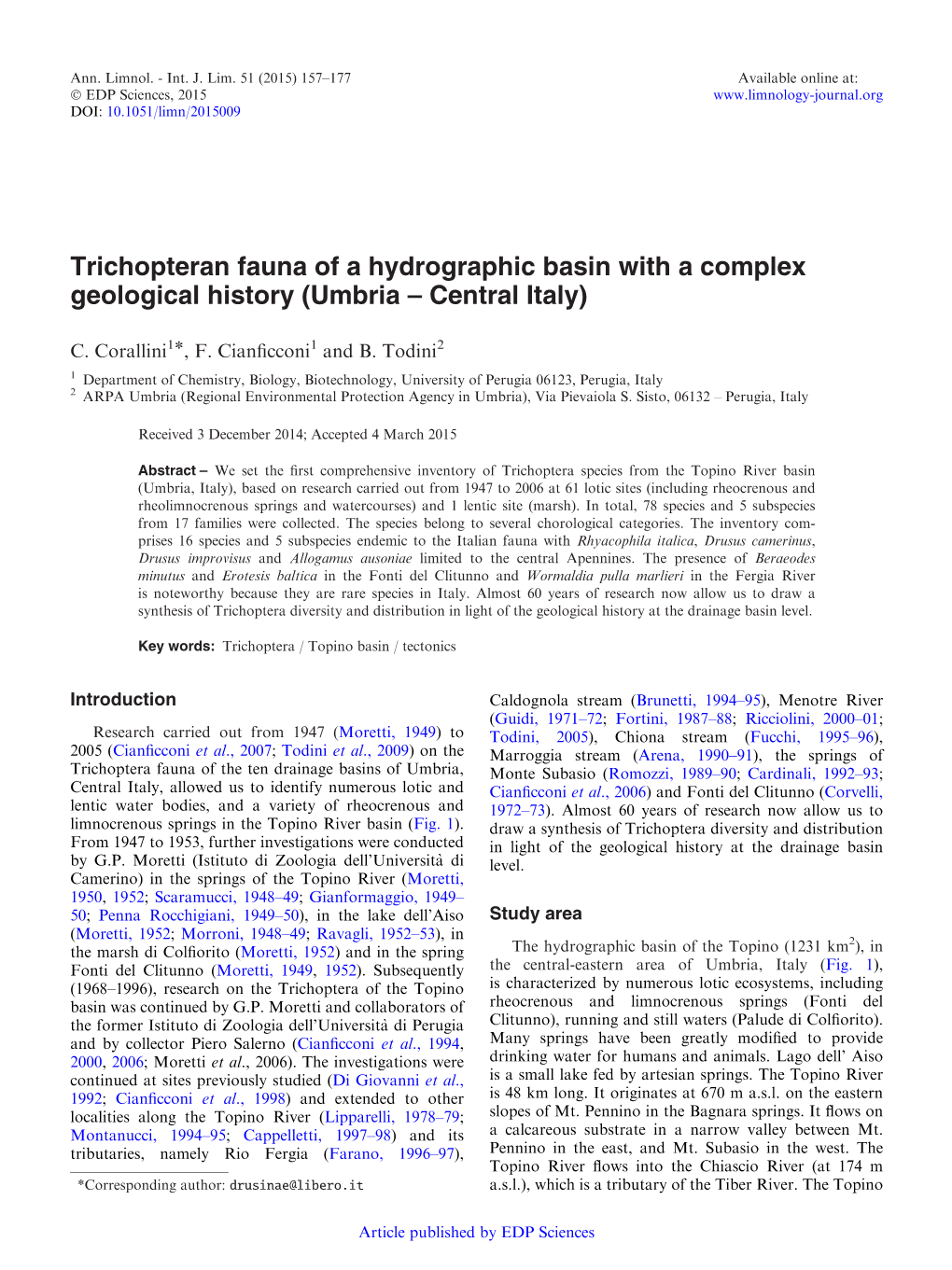 Trichopteran Fauna of a Hydrographic Basin with a Complex Geological History (Umbria – Central Italy)