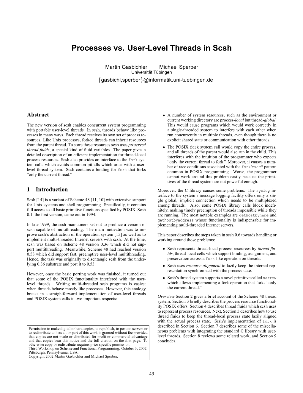 Processes Vs. User-Level Threads in Scsh