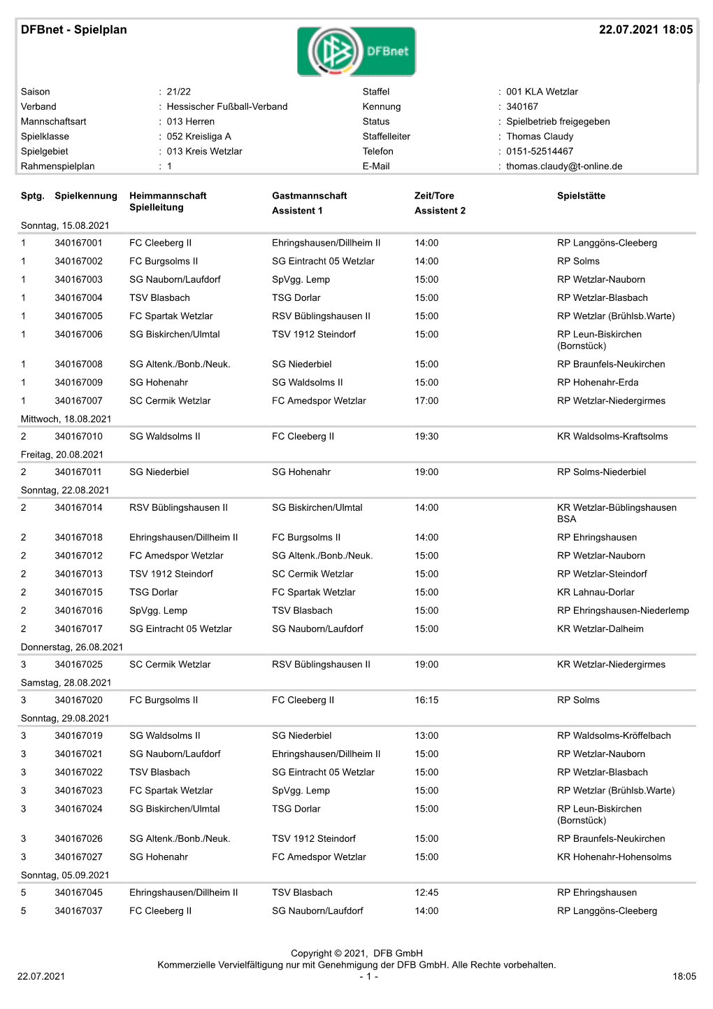 Dfbnet - Spielplan 22.07.2021 18:05