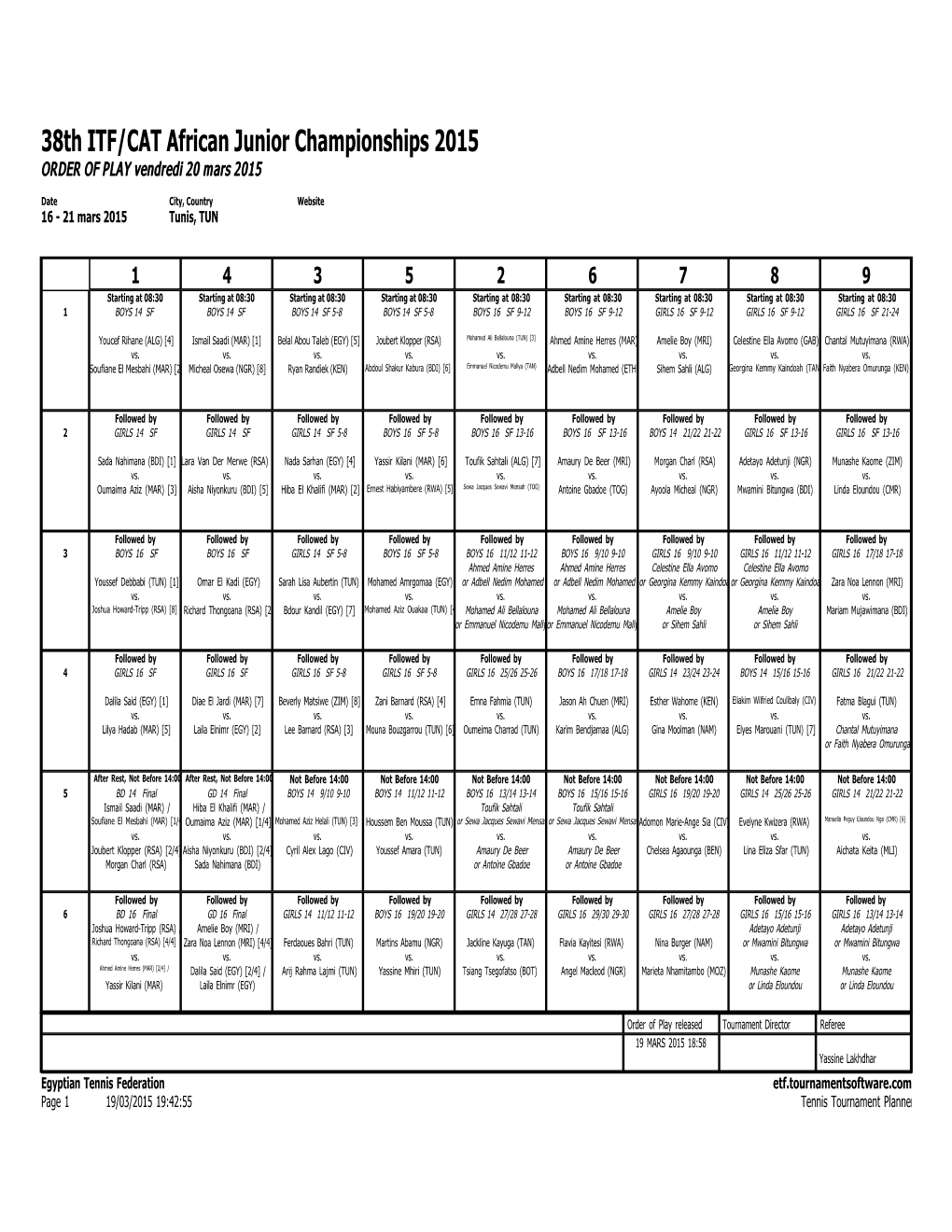 38Th ITF/CAT African Junior Championships 2015 ORDER of PLAY Vendredi 20 Mars 2015