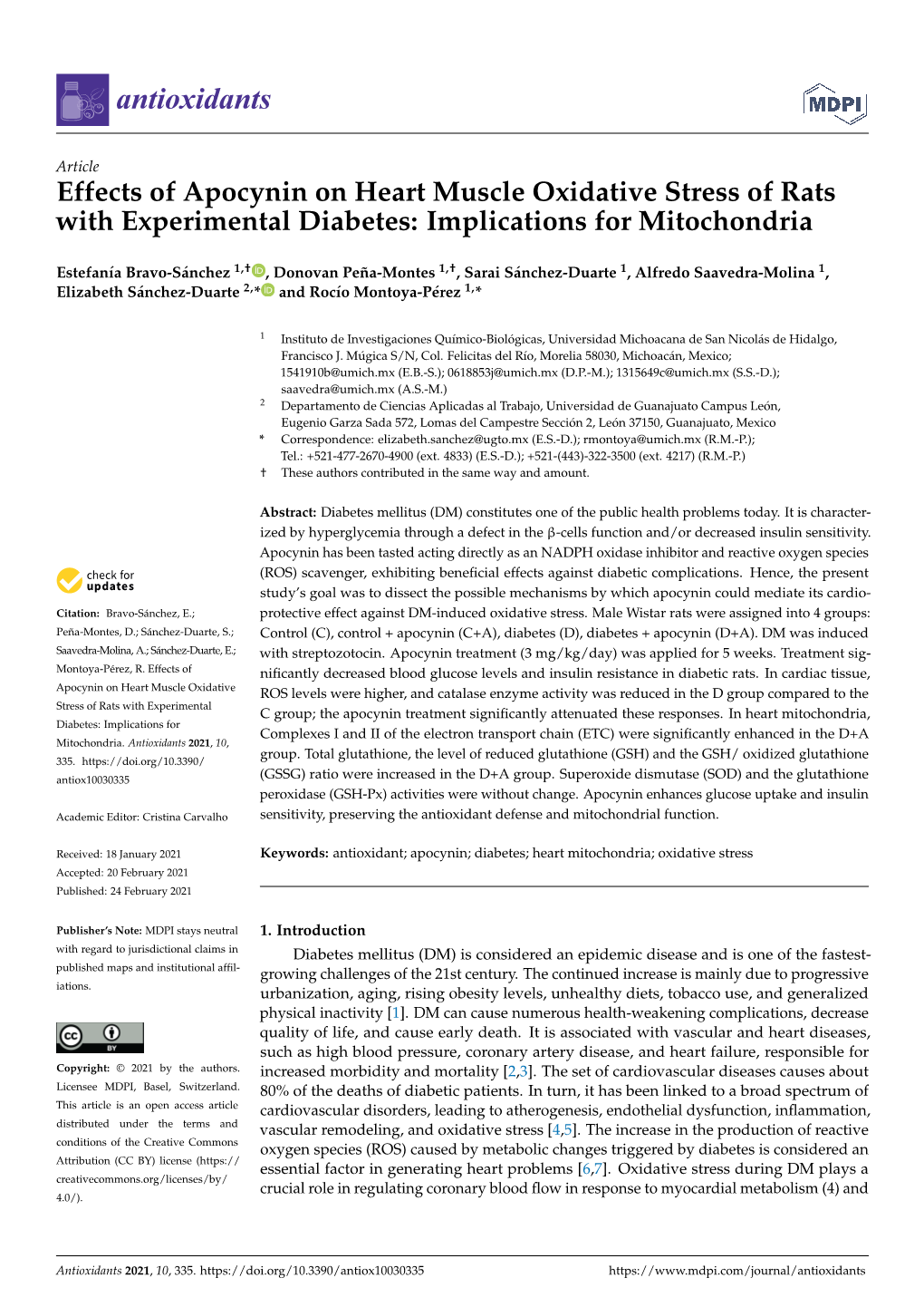 Effects of Apocynin on Heart Muscle Oxidative Stress of Rats with Experimental Diabetes: Implications for Mitochondria