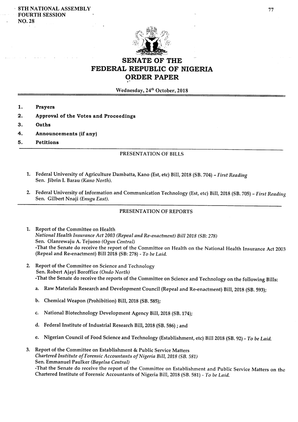 Senate of the Federal Republic of Nigeria Order Paper