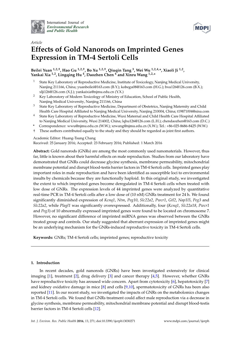 Effects of Gold Nanorods on Imprinted Genes Expression in TM-4 Sertoli Cells
