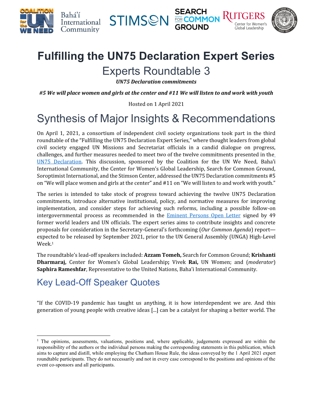 Fulfilling the UN75 Declaration Expert Series Experts Roundtable 3