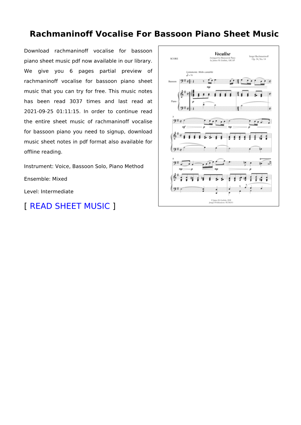 Rachmaninoff Vocalise for Bassoon Piano Sheet Music