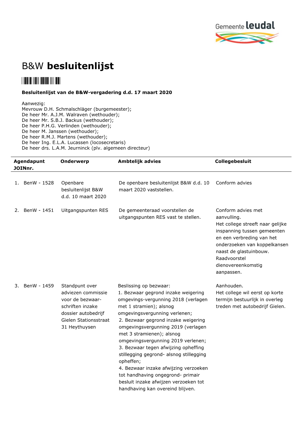 B&W Besluitenlijst