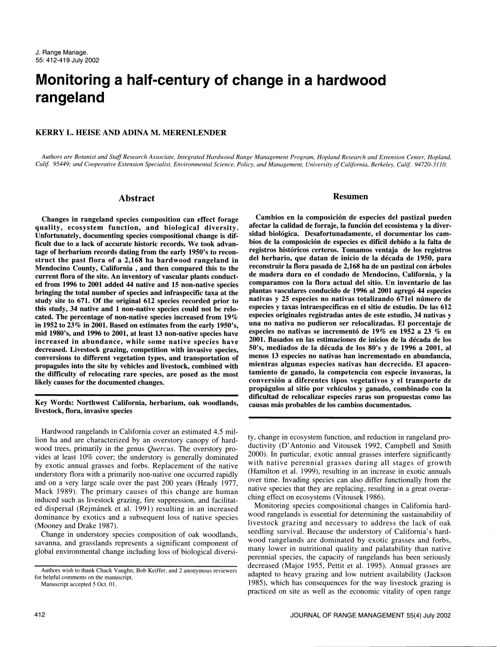 Monitoring a Half-Century of Change in a Hardwood Rangeland
