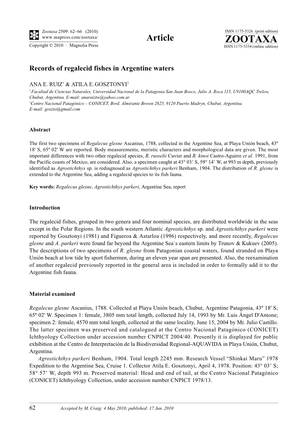 Zootaxa, Records of Regalecid Fishes in Argentine Waters