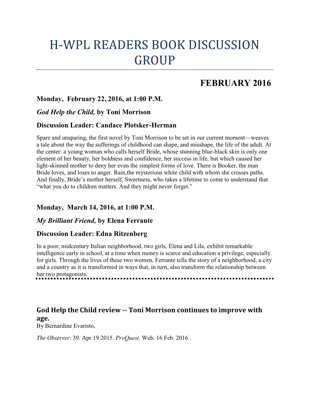 H-Wpl Readers Book Discussion Group