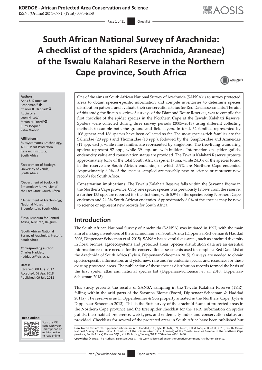 South African National Survey of Arachnida: a Checklist of the Spiders (Arachnida, Araneae) of the Tswalu Kalahari Reserve in the Northern Cape Province, South Africa