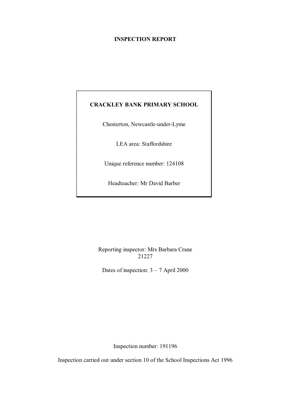 Inspection Report Crackley Bank Primary School