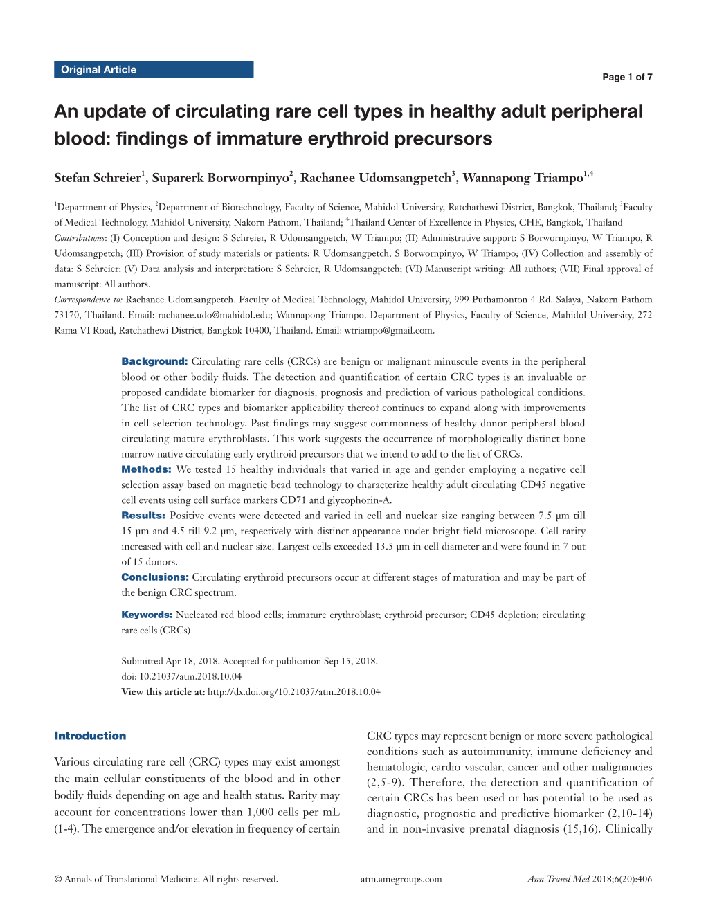 An Update of Circulating Rare Cell Types in Healthy Adult Peripheral Blood: Findings of Immature Erythroid Precursors