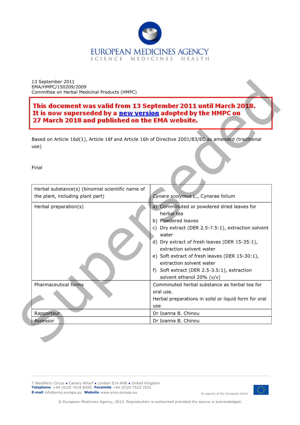 Assessment Report on Cynara Scolymus L., Folium