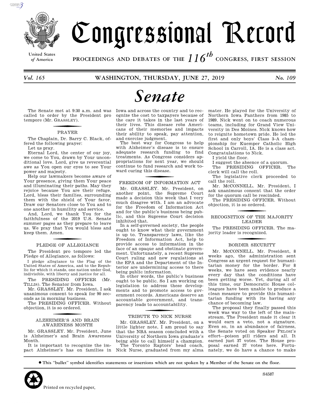 Congressional Record United States Th of America PROCEEDINGS and DEBATES of the 116 CONGRESS, FIRST SESSION