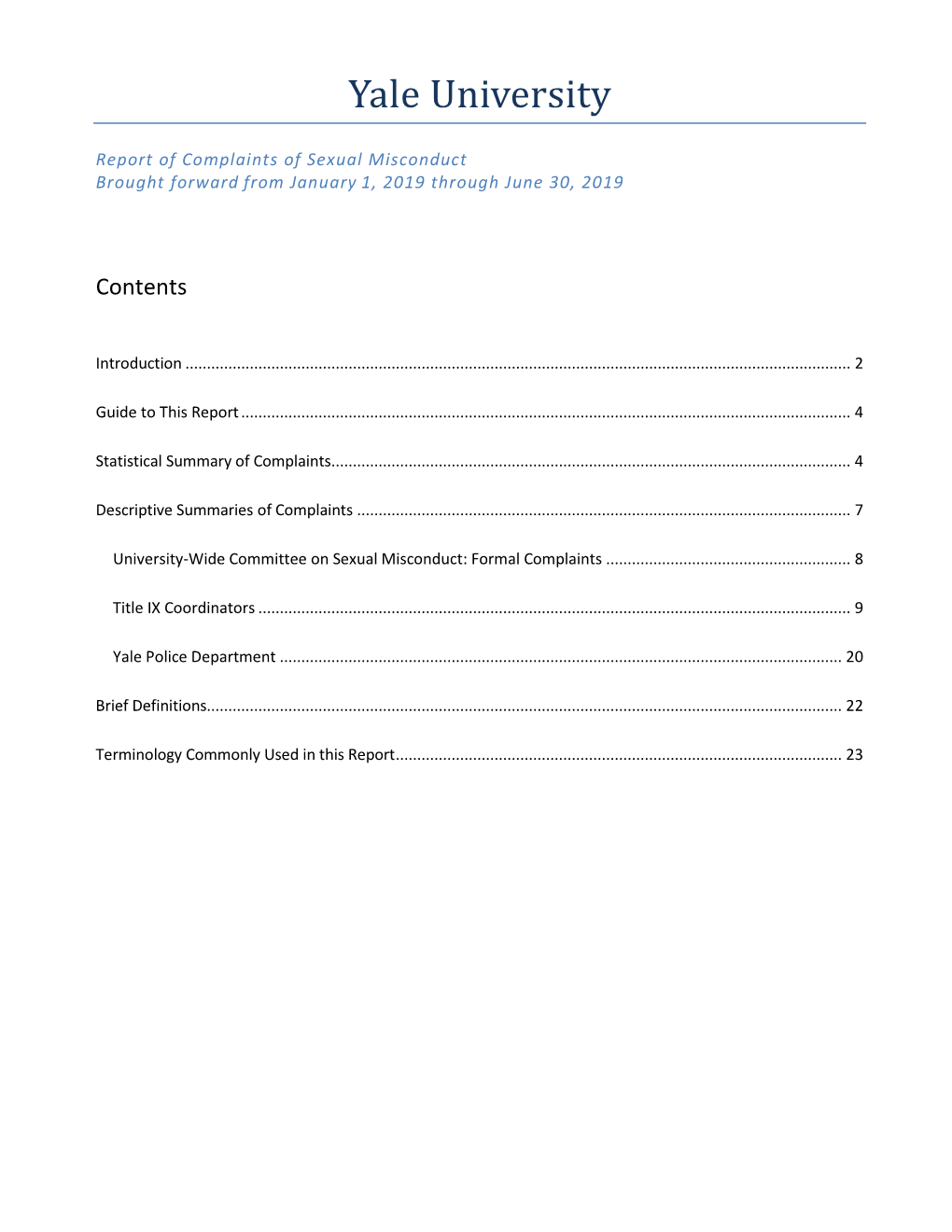 Report of Complaints of Sexual Misconduct Brought Forward from January 1, 2019 Through June 30, 2019