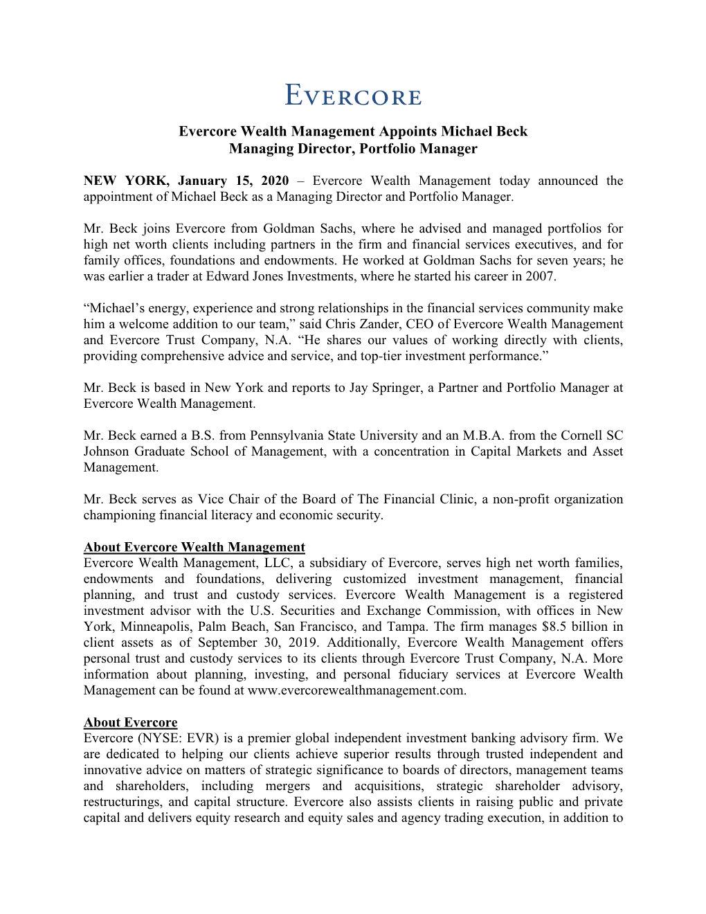 Evercore Wealth Management Appoints Michael Beck Managing Director, Portfolio Manager