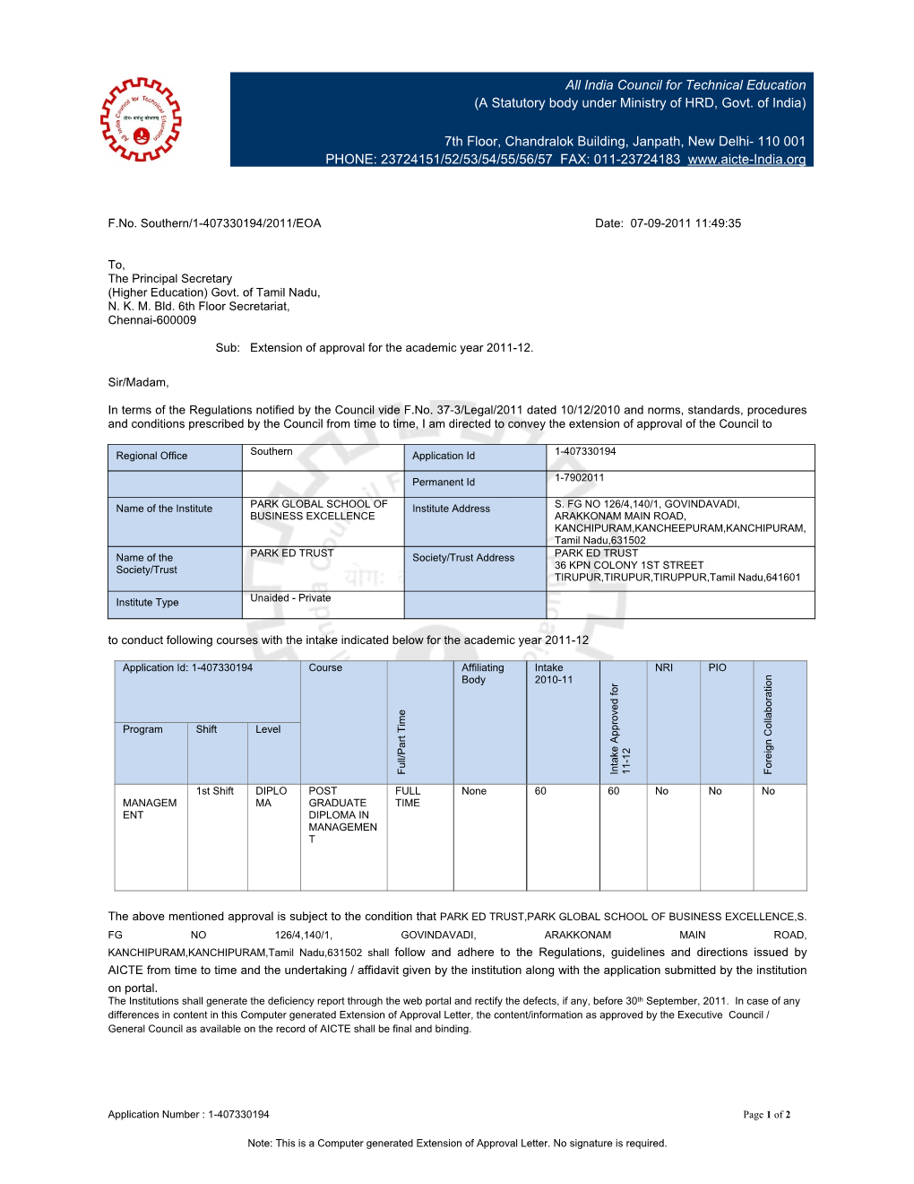 India Council for Technical Education (A Statutory Body Under Ministry of HRD, Govt