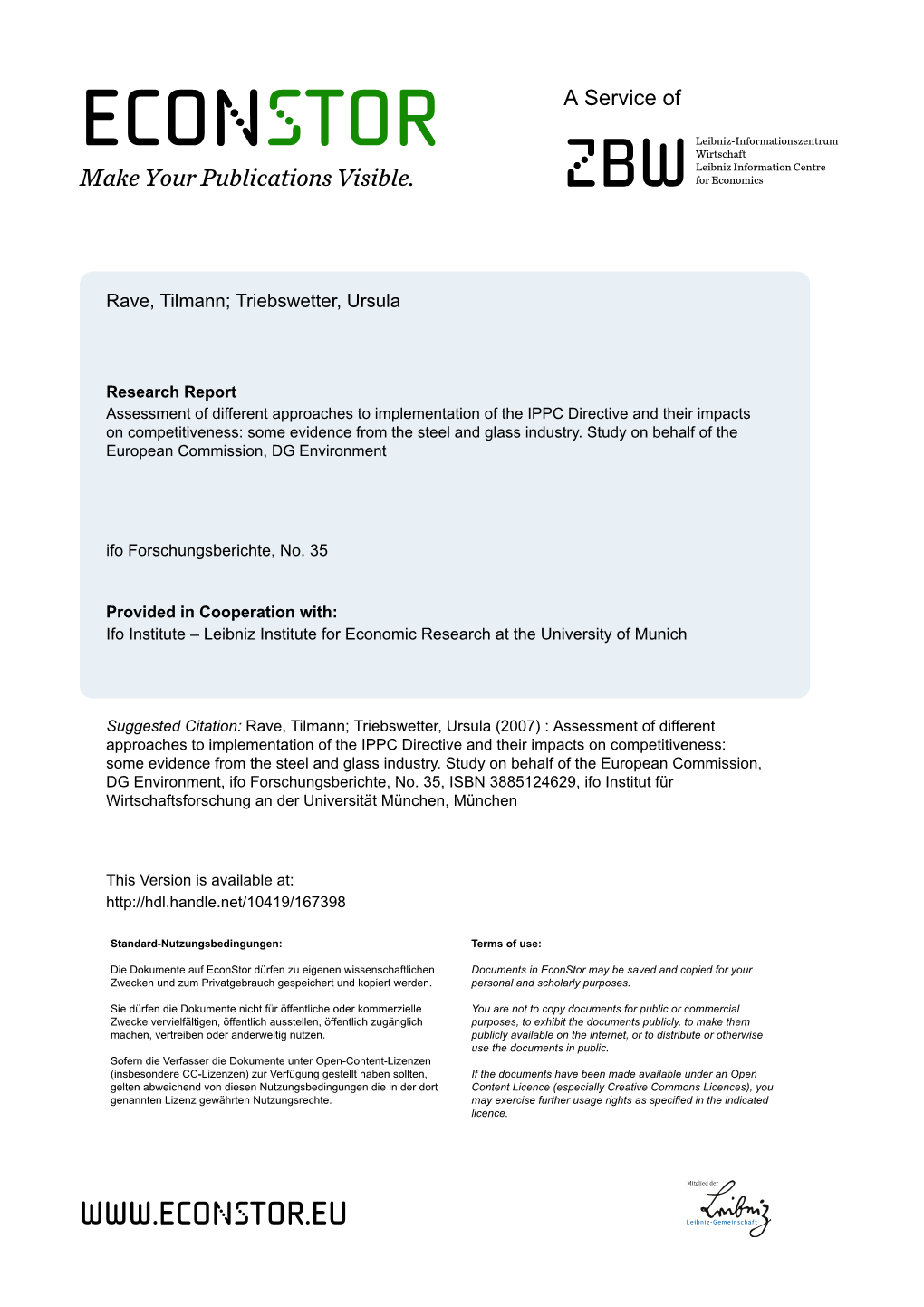 Assessment of Different Approaches to Implementation of the IPPC Directive and Their Impacts on Competitiveness: Some Evidence from the Steel and Glass Industry