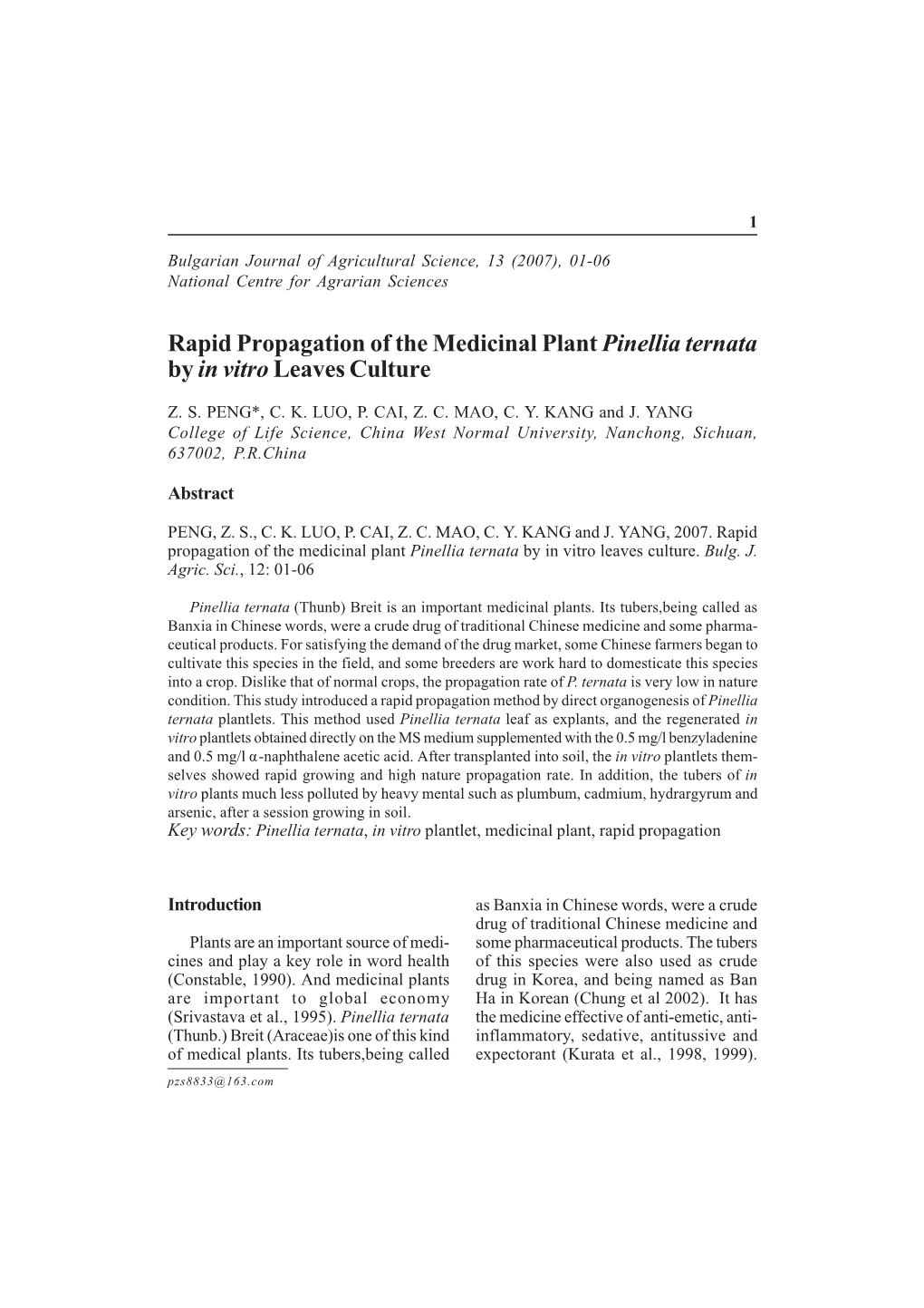 Rapid Propagation of the Medicinal Plant Pinellia Ternata Byin