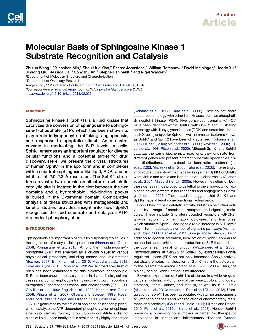 Molecular Basis of Sphingosine Kinase 1 Substrate Recognition and Catalysis